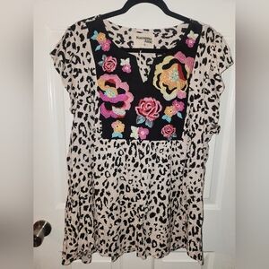 Savannah Jane Multicolor Floral Embroidered Leopard Blouse